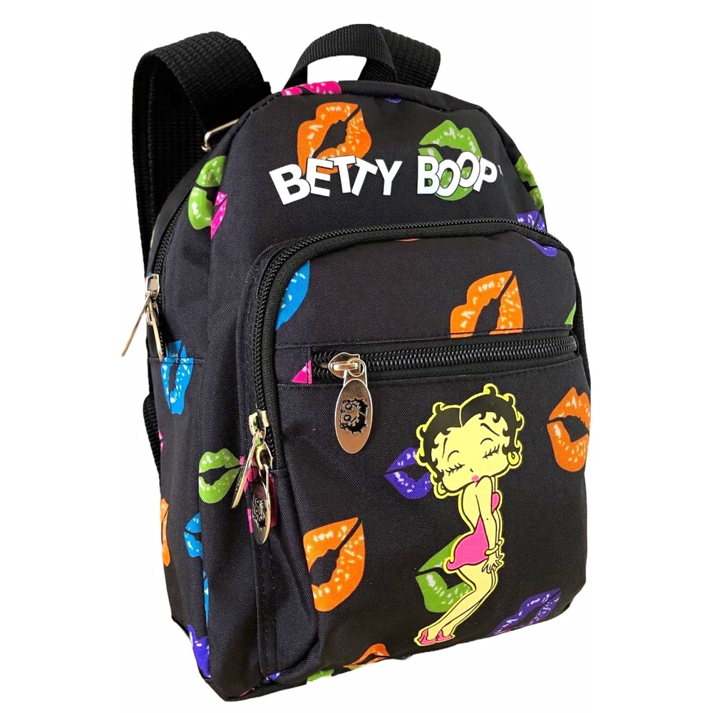 Betty Boop Rainbow Kisses Black Canvas Backpack Large 17" NWT